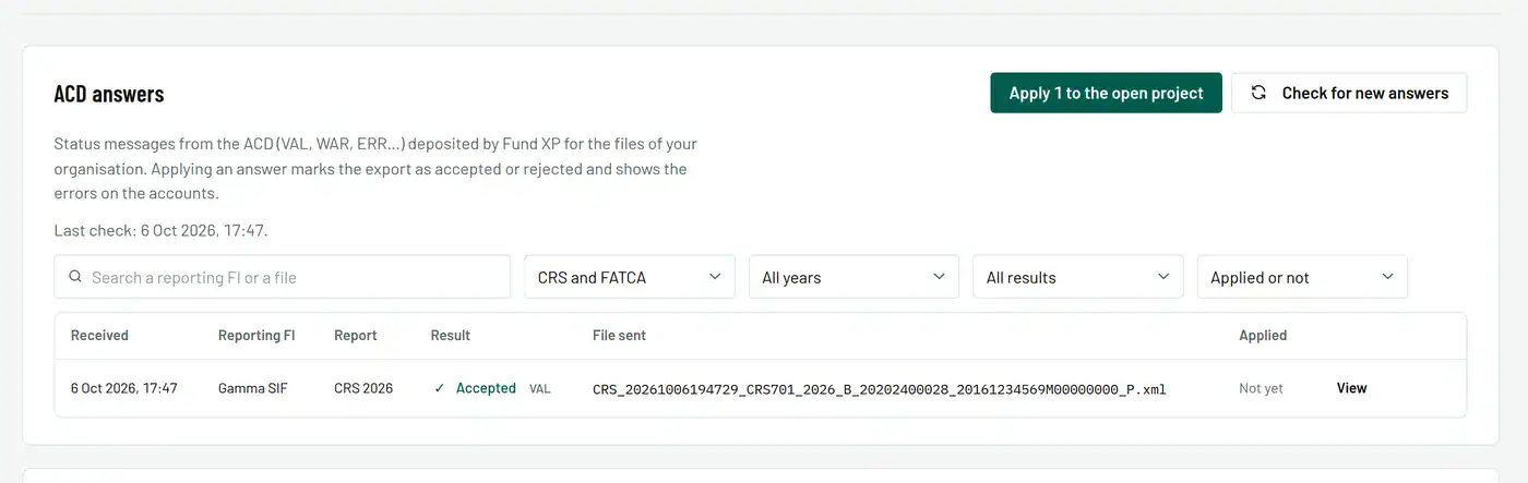 ACD answers matched to the FATCA and CRS files sent, applied to the project in one click