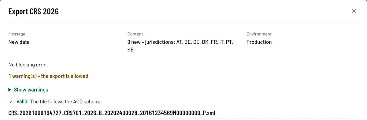 CRS XML export validated against the ACD schema, with the ACD file name