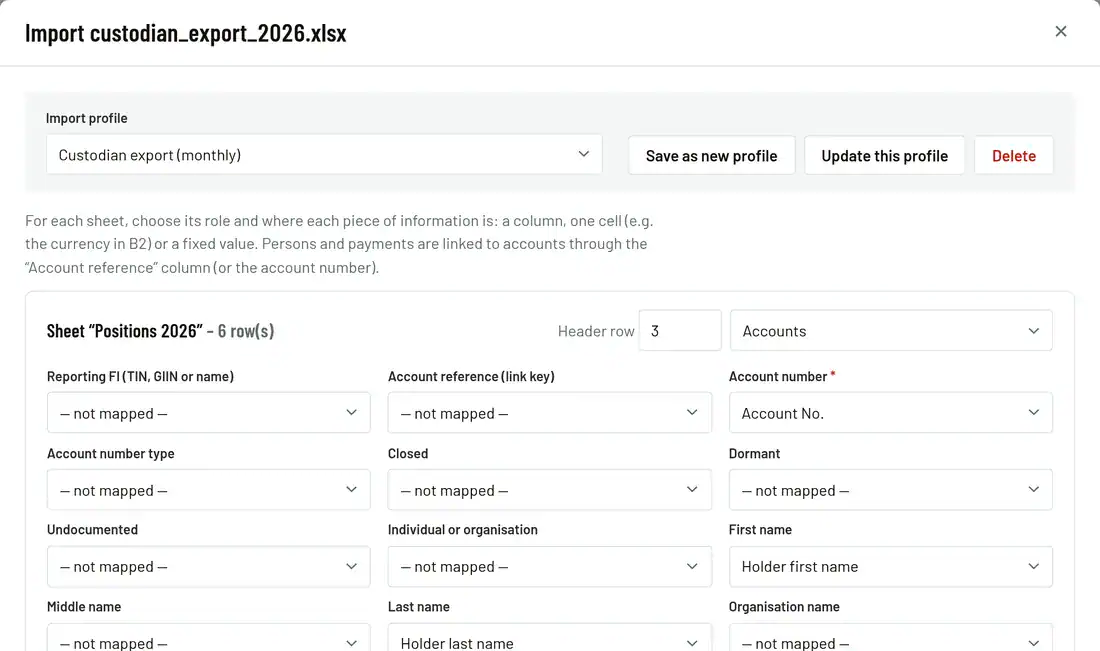 Excel import of FATCA accounts with a column profile remembered for the next file